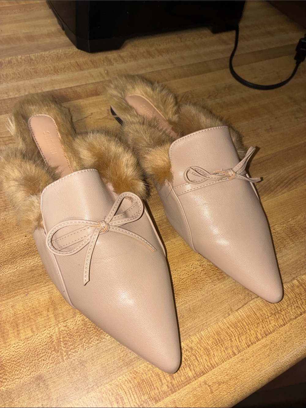SHEIN Blush Pink Pointed-Toe Bow Faux-Fur Lined Mules
